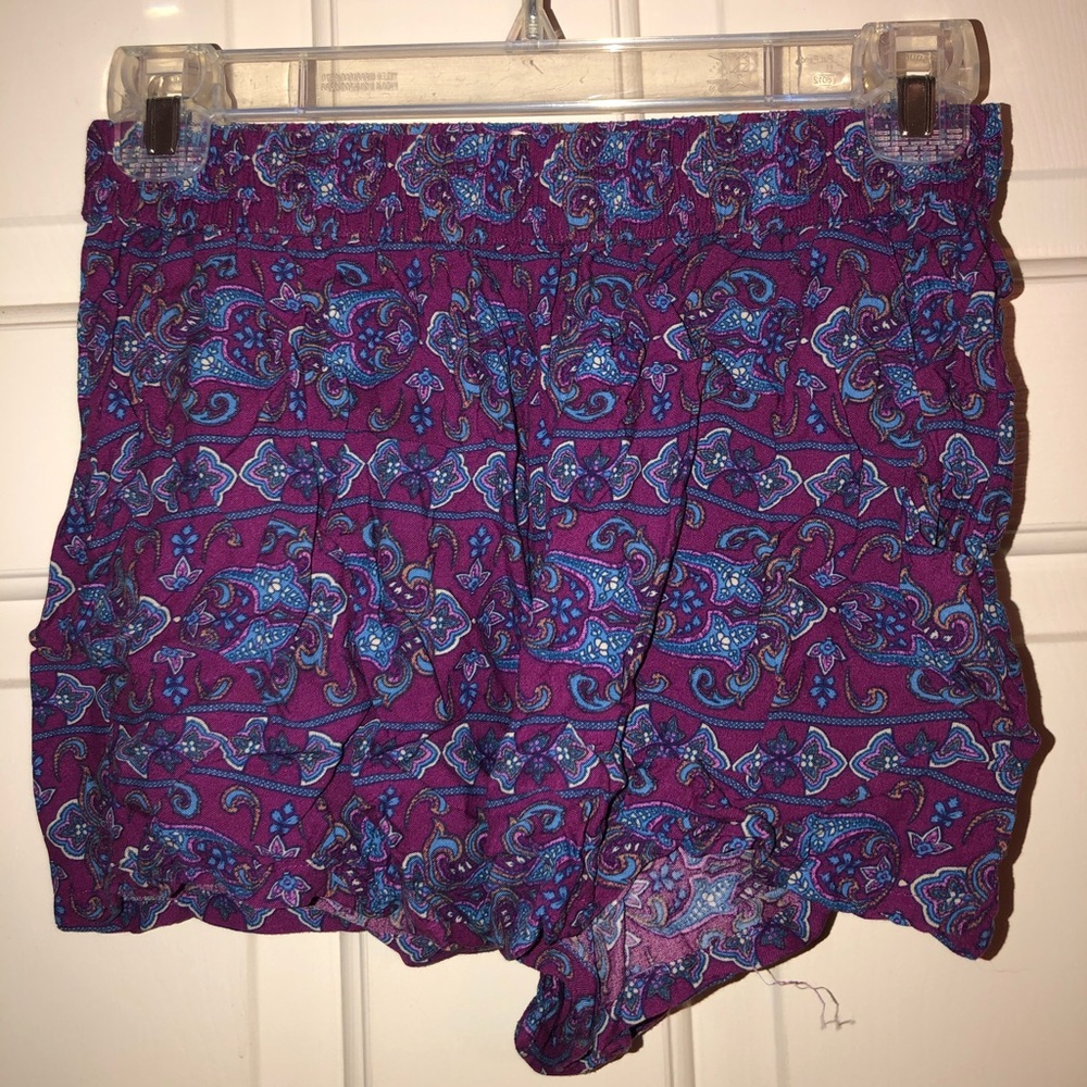 Blue and Purple Flower Patterned Flowy Shorts